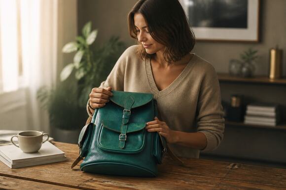 Unbranded Handbags - Vintage Backpack Bag Womens Teal Green Leather Rucksack Drawstring Buckle Pocket